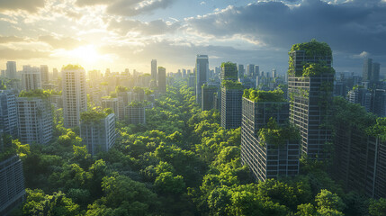 modern urban skyline surrounded by lush greenery, showcasing nature resilience