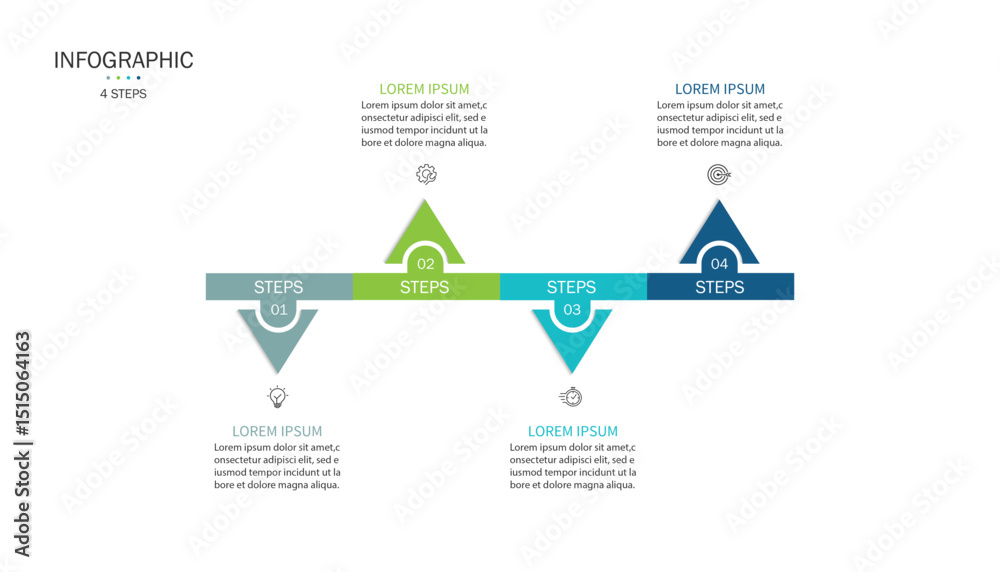 Poster 4 steps infographic template with 4 options. Flowchart that can be used for business report, data visualization and presentation. Timeline infographic elements vector illustration.