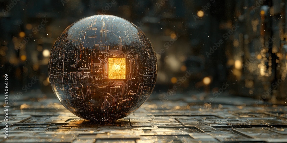 Poster A detailed look at a futuristic orb, mirroring a galaxy, with intricate circuitry etched on its surface, merging technology with cosmic wonder.