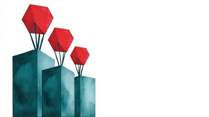 Abstract geometric shapes with red pyramids on teal blue structures, modern minimalist design