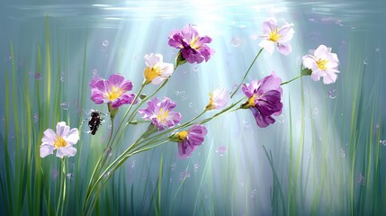 Vibrant Underwater Flowers with Sunlight Rays and Bubbles in a Serene Aquatic Scene