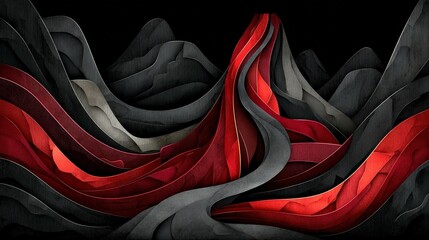 Abstract Landscape with Wavy Red and Black Forms Creating a Dramatic Visual Effect