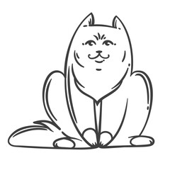 Cartoon doodle style cat outline, cute sitting pet with fluffy fur and a sweet, friendly expression. Vector illustration of cat outline for stickers, coloring pages, or kids art. Vector illustration