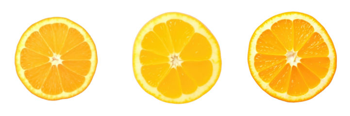 Three vibrant orange slices displayed on a transparent background, showcasing their juicy segments and bright color, emphasizing freshness and natural appeal.