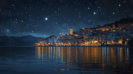 serene night cityscape with starry sky reflecting calm waters, showcasing illuminated buildings