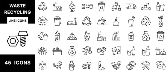 Waste Recycling Line Icons Set Featuring Trash Sorting, Reuse Materials, Garbage Processing, Waste Reduction, CO2 Control, Eco Bins, and Industrial Recycling Symbols