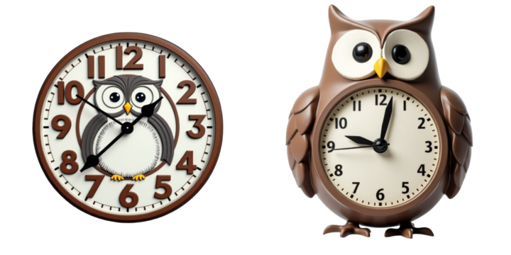 Charming owl-themed clocks showcasing a cartoonish owl face with large eyes and a round brown body, alongside a classic design owl clock with a playful character and visible time markers.