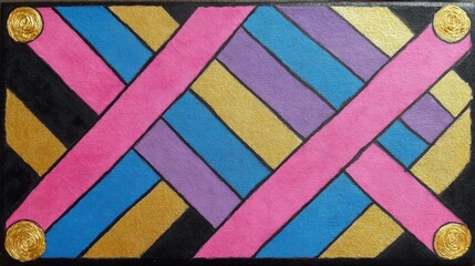 Colorful Geometric Abstract Art with Bold Stripes and Gold Accents on Black Background
