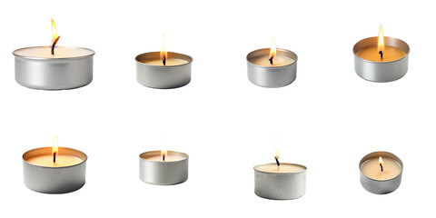 Collection of Various Tea Light Candles with Flickering Flames on a transparent Background Featuring Different Heights and Sizes in Metallic Containers