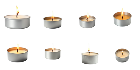 Collection of Various Tea Light Candles with Flickering Flames on a transparent Background Featuring Different Heights and Sizes in Metallic Containers
