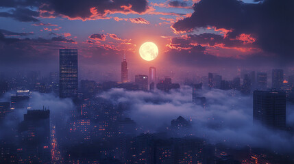 Obraz premium stunning night view of city skyline illuminated by bright moon, with clouds and lights creating