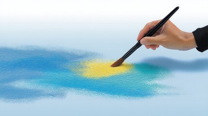 Hand Painting a Colorful Abstract Design on a Blue Background with Brush and Smooth Texture