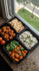 Delicious Indian meal with chicken curry, naan, rice, and tomatoes placed on a window sill