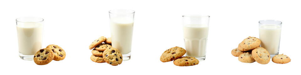 Collection of Delicious Cookies and Milk with Multiple Glasses Featured in a transparent Background Displaying Wholesome Treats for Snacks or Desserts
