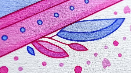 Colorful Abstract Illustration of Leaves and Shapes with Blue and Pink Elements on Paper Texture