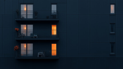 Urban Balcony with Warm Lights at Dusk on a Dark Building Facade
