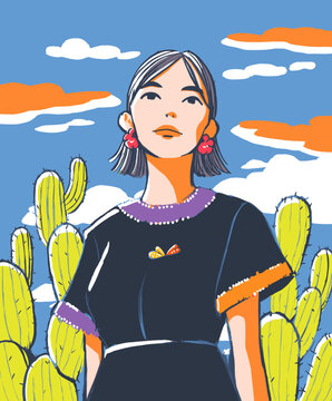 Radiant Woman and Cactus: A striking illustration of a woman standing confidently amidst towering cacti, with a sky painted with vibrant clouds.