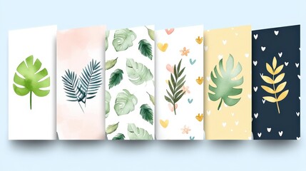 Collection of Botanical Illustrations Featuring Tropical Leaves and Floral Patterns