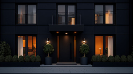 Modern Black Facade of a Stylish Urban Building with Illuminated Windows and Neatly Trimmed Plants