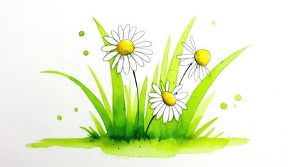 Beautiful Hand-painted Watercolor Blooming Daisies with Green Grass and Yellow Accents