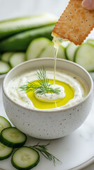 Creamy yogurt dip with fresh cucumber slices and drizzled olive oil