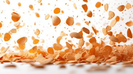 Close-up of bright orange carrot flakes scattered and flying in the air against a white background