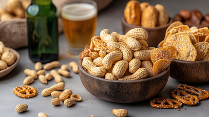 Assorted Snacks in Wooden Bowls with Beer and Peanuts on Table