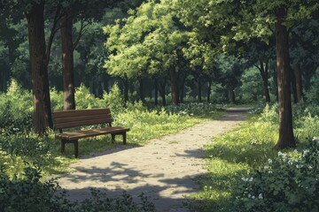 Bench along a sun-dappled path through lush green trees. Perfect for projects needing a peaceful, nature themed background.