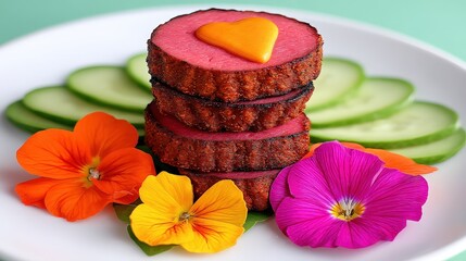 Colorful Stacked Vegetarian Dish with Heart-Shaped Cheese and Fresh Edible Flowers