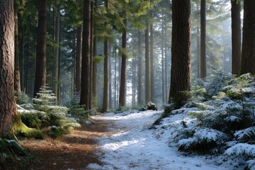 Obraz premium Snowy forest path tall trees casting shadows on snowcovered ground sunlight filtering through the woods