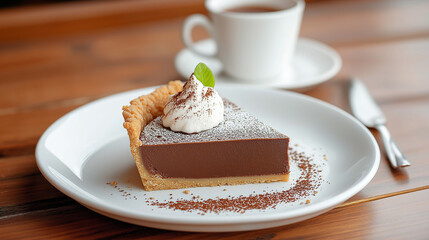 Delicious slice of chocolate cream pie with whipped cream on a white plate beside a cup of coffee on a wooden table