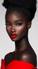 Portrait of a woman with dark skin and bold red lipstick wearing an off-shoulder red dress against a neutral background