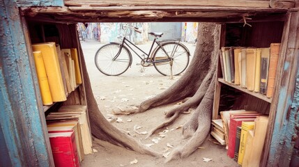 Vintage Bicycle Near Enchanted Bookshelf Surrounded by Nature and Urban Art Vibes