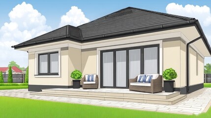 Modern single-story house design with patio and landscaped yard in vibrant sunny setting