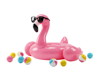 A stylish pink flamingo with sunglasses lounges on a colorful inflatable pool float.