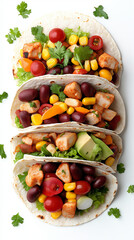 Three colorful tacos filled with grilled chicken, beans, cherry tomatoes, corn, and avocado on a white background