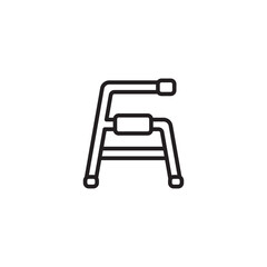 An outline icon of a medical walker, often used as an aid for mobility, rehabilitation, or for the elderly.