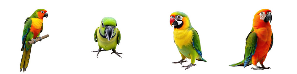 Colorful Collection of Four Distinct Parrots Featuring Bright Feathers and Unique Expressions Set Against a transparent Background, Ideal for Graphic Design and Illustrations