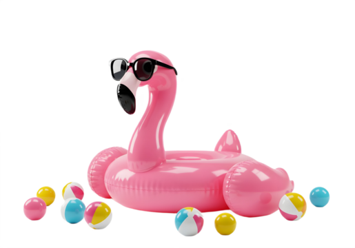 A stylish pink flamingo with sunglasses lounges on a colorful inflatable pool float. - Powered by Adobe