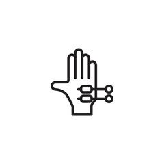 Fototapeta premium An outline icon of a hand with sensors attached, representing virtual reality gloves, motion capture, or haptic feedback technology.