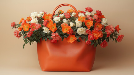 Stylish Orange Handbag Filled with Colorful Roses and Begonias on a Soft Background