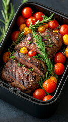 Grilled Beef Steak with Cherry Tomatoes and Fresh Herbs in a Black Container