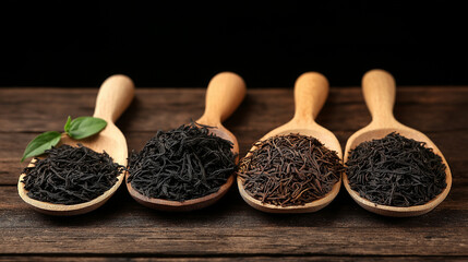 Variety of Black Tea Leaves in Wooden Spoons on Dark Wooden Table