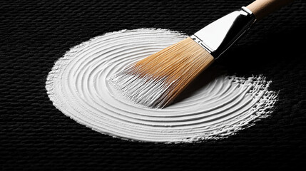 Close-up of a paintbrush spreading white paint in a circular pattern on a textured black canvas