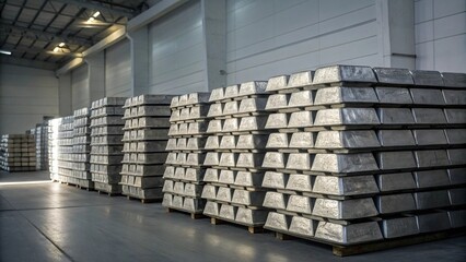 Aluminum ingots stacked in a warehouse facility