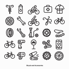 Bicycle-themed line art icon collection features 25 simple yet stylish black-and-white illustrations. Clean, modern aesthetic and arranged in a neat grid format, perfect for both digital and print use