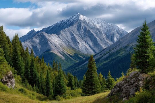 Snowy mountain peak behind green trees  hills under partly cloudy sky