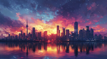 Fototapeta premium stunning city skyline at sunset showcasing vibrant colors and reflections on water