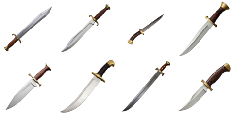 Collection of Various Knives Featuring Different Blade Shapes and Designs with Brown Wooden Handles and Brass Accents Set Against a transparent Background