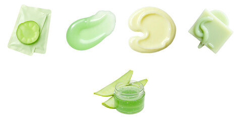 Collection of Various Green Cosmetic Gels and Creams Featuring Unique Textures and Shapes on a transparent Background Including Aloe Vera Elements